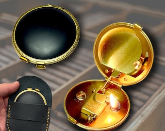 Collectible Retro Antique Inspired Brass Powder Compact Kerosene Lighter With Leather Pouch