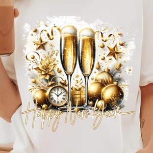 Bonne année PNG Noir et Or Célébration du Nouvel An Glam Bonne année PNG Design pour sublimation et artisanat Bonne année T-Shirt PNG