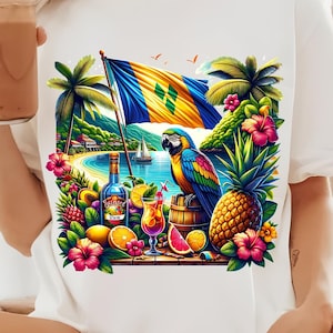 May include: White t-shirt with a colorful tropical scene featuring a parrot, a pineapple, a cocktail, a bottle of rum, and the flag of Barbados.