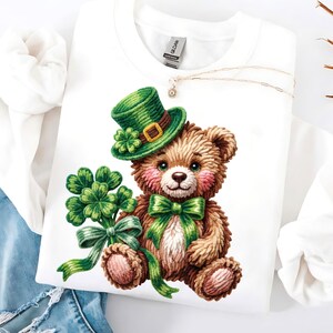 St Patricks Day Teddy Bear PNG, Faux Yarn Lucky Bear Clipart, Puffy 3D Embroidery Sublimation Design, Cute Shamrock Irish Bear DTF