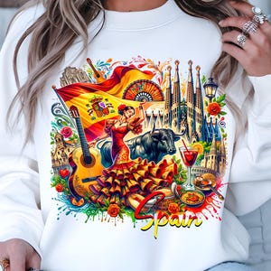 Spain Travel PNG España Flamenco Dancer Spanish Flag Guitar Bull Sagrada Familia Tapas Paella Digital Download T-Shirts Spain Vacation PNG