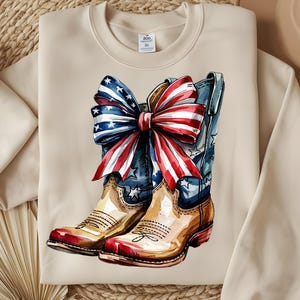 Botas vaqueras patrióticas coquetas PNG, botas florales vintage del 4 de julio con lazo, diseño grandmillenial, archivo de sublimación del Día de la Independencia