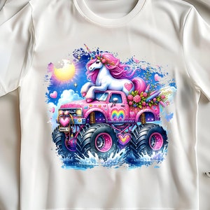 Einhorn Pink Monster Truck Aquarell Sublimation Digitaler Download PNG Mädchen Shirt Design, Kinder PNG Designs für T-Shirt, Mädchen wie Trucks