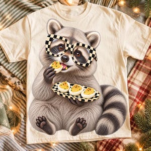 Pode incluir: Uma t-shirt cor de creme com o gráfico de um guaxinim cinzento a usar óculos axadrezados a preto e branco. O guaxinim segura um ovo recheado e está sentado com um prato de três ovos recheados adicionais no seu colo.