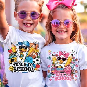 Oie de rentrée scolaire PNG | T-shirt pour le premier jour d'école | Canard mignon garçon et fille | Sublimation PNG pour t-shirts scolaires pour enfants