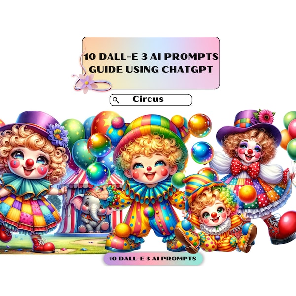 Dall-E3 Ai Art Prompt Guide, Circus, Cute Clown Art Prompts, ChatGTP Prompt, Clipart Prompts, Customizable prompts, Art Prompts