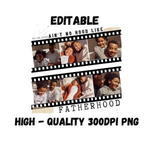 Pu&ograve; includere: Un design digitale con una striscia di pellicola con foto di famiglia. Il testo "EDITABLE" e "AIN'T NO HOOD LIKE FATHERHOOD" sono visualizzati. Il design include anche "HIGH - QUALITY 300DPI PNG".