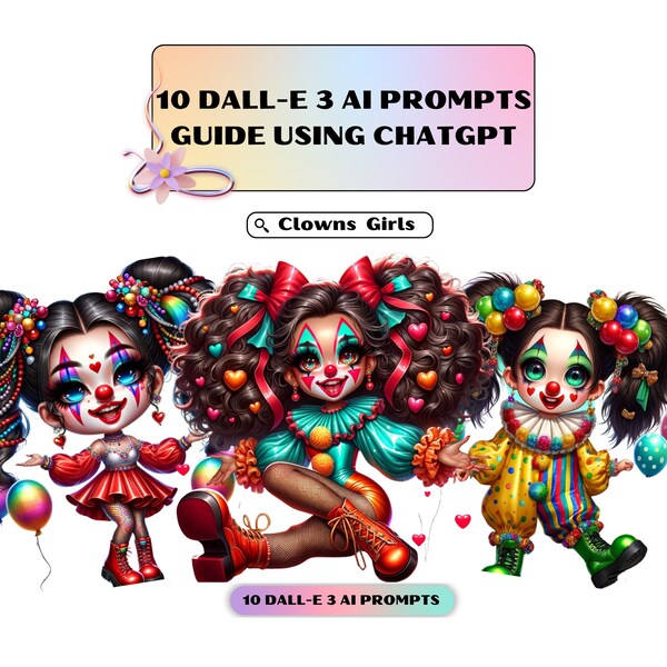 Dall-E3 Ai Art Prompt Guide, Stylish Chibi Clown Girls, Clown, Prompts, ChatGTP Prompt, Clipart Prompts, Customizable prompts, Art Prompts