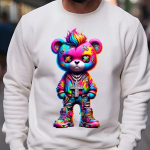 Neon kleurrijke sublimatie | Hiphop-teddybeer | Cartoon-teddybeer | Gescheurde teddy | Stedelijke streetwear-teddy | Graffiti-ontwerp