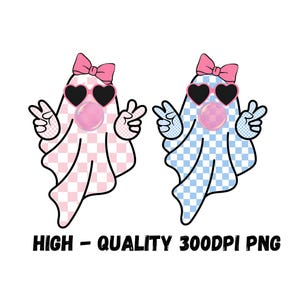 Girly Ghost soplando burbujas Paquete PNG Lindo Fantasma Otoño Camisa Sublimación Diseño Digital Retro Otoño PNG Retro halloween A cuadros Fantasma arco