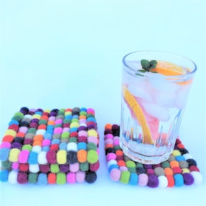 Free Ship Multicolor Tea Coasters, Square felt Ball Coasters, Wool Felt Coaster, Gift Felted Coaster, Housewarming-Gift, Gift Kitchen lining