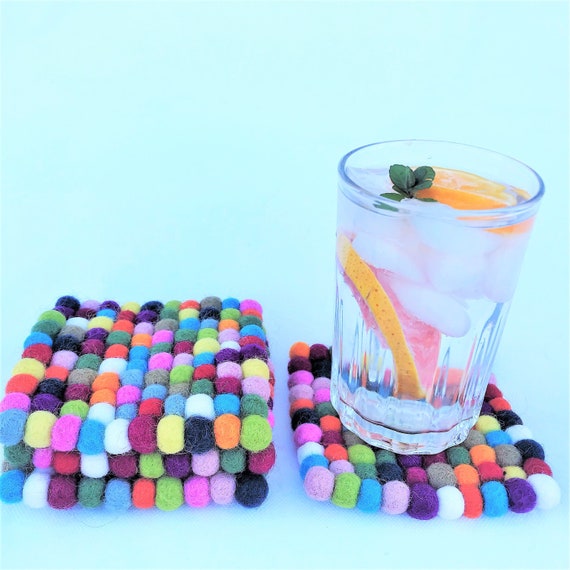 Free Ship Multicolor Tea Coasters, Square felt Ball Coasters, Wool Felt Coaster, Gift Felted Coaster, Housewarming-Gift, Gift Kitchen lining