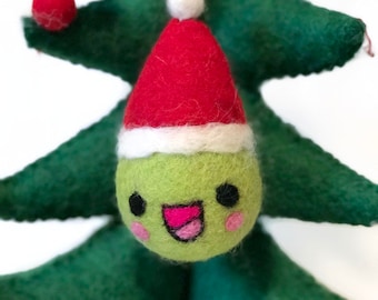 Felt Ornaments, Brussel Sprout Handmade Green Santa Bauble - Christmas Ornaments - Felt Wool Ornaments Collection - Felt Christmas Tree