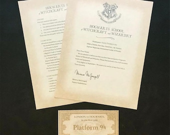 Może przedstawiać: List przyjęcia do Szkoły Magii i Czarodziejstwa Hogwart z herbem Hogwartu i podpisem Minervy McGonagall, zastępcy dyrektora. List jest wydrukowany na pergaminie i zawiera listę wymaganych kursów i materiałów. Bilet na Hogwart Express brzmi "Londyn do Hogwartu, peron 9 3/4".