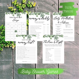 Greenery Baby Shower Games Bundle, Printable, Baby Shower, Downloadable, Editable, 5 Games