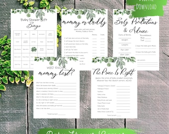 Greenery Baby Shower Games Bundle, Printable, Baby Shower, Downloadable, Editable, 5 Games
