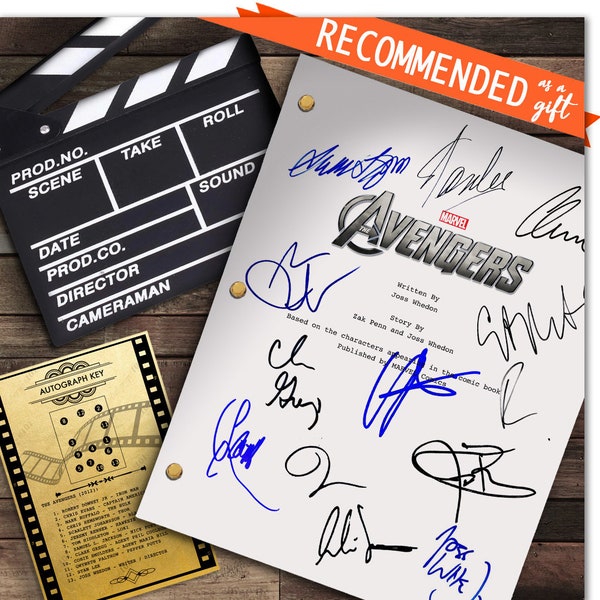 The Avengers Marvel MCU Movie Film Script Sign Autograph - Robert Downey Jr, Scarlett Johansson, Chris Evans, Chris Hemsworth, Stan Lee