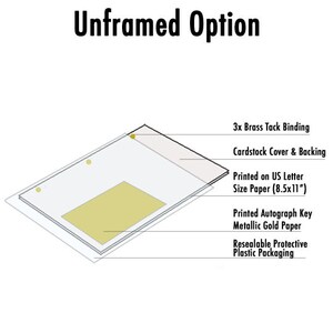 May include: An isometric view of an unframed art print. The print is on US Letter size paper (approx. 21.6 x 27.9 cm) with a metallic gold paper autograph key. It includes a cardstock cover and backing, brass tack binding, and resealable protective plastic packaging.