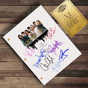 May include: A white script page for the TV show "Gossip Girl" with the title card and a cityscape backdrop. The page is signed by the cast members: Blake Lively, Penn Badgley, Chace Crawford, and Leighton Meester.