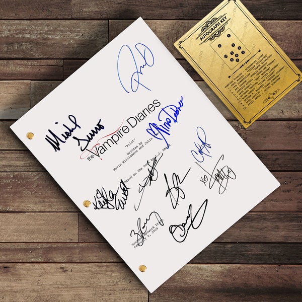 Carta autografa firmata dalla sceneggiatura di Vampire Diaries TV - Stefan Salvatore, Damon Salvatore, Bonnie Bennett, Matt Donovan, Elena Gilbert