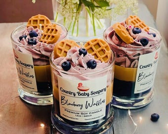 Blueberry Waffles Soy Candle Whipped Frosting and Embeds - 12 oz Dessert Style Candle, Gift, Blueberry Waffles Scent Handmade 100% Soy