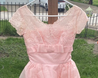 Pink Satin, Lace Tulle Dress/Chest 28”, Waist 23”/Spring Wedding,Dance, Special Event Dress