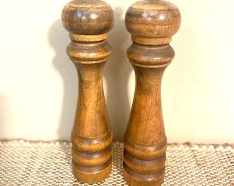 Vintage MCM Solid Wood Pepper Grinder Mill and Saltshaker Set 10&quot;
