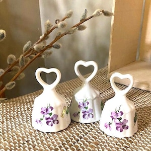 Hand Painted Porcelain Bells: Purple Floral Decor, Set of 3