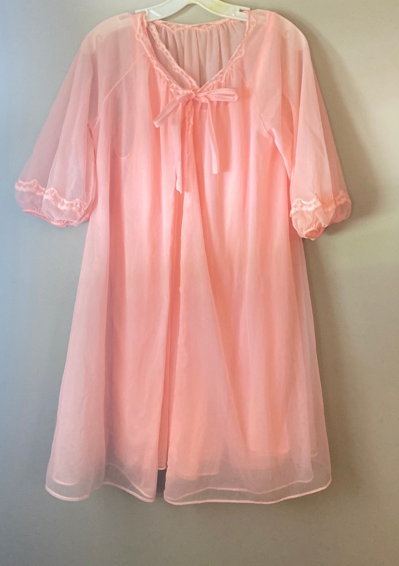 Vintage Pink Nylon Gown and Robe Set/lace and Flowers/ Size Etsy