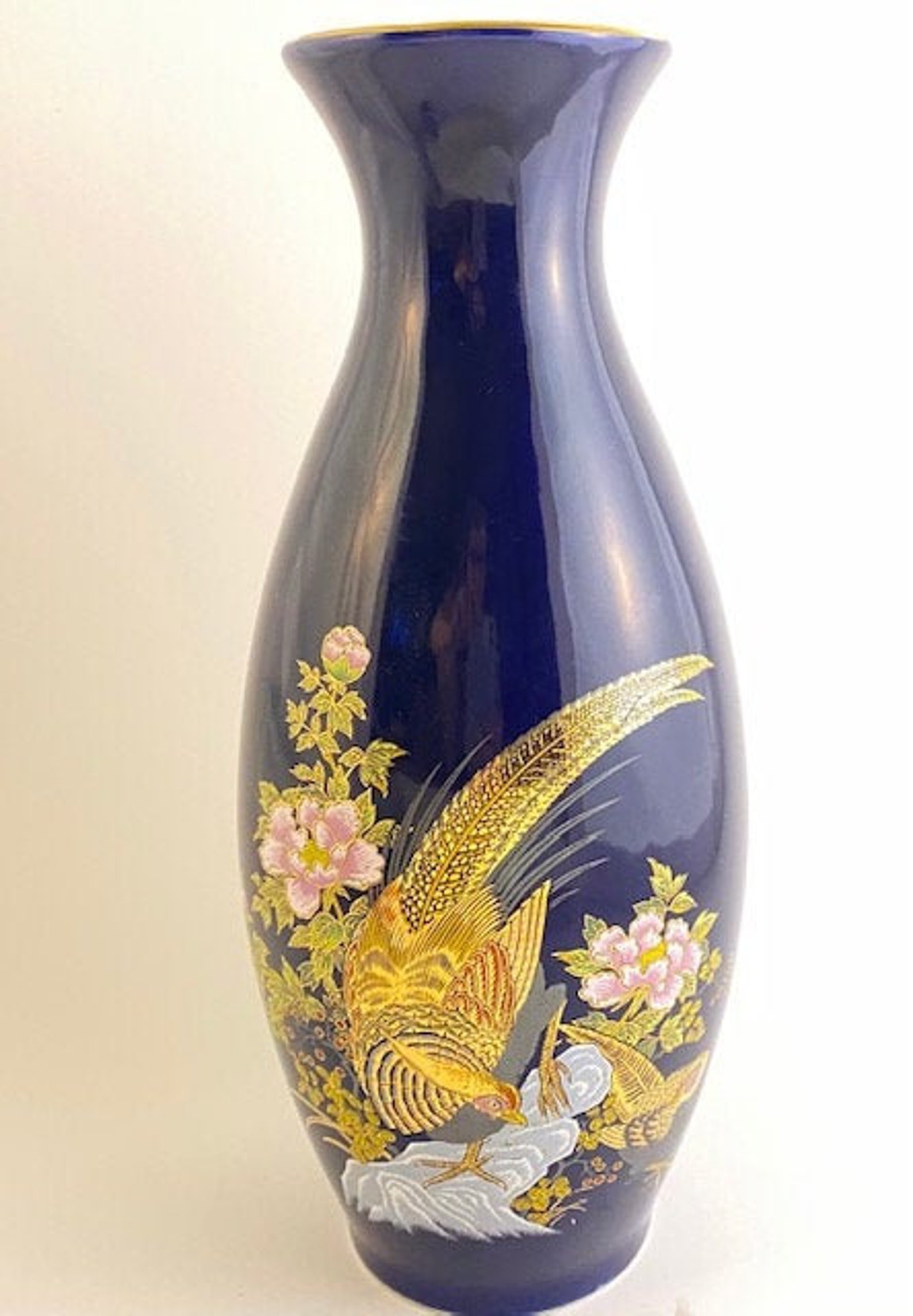 Kutani Cobalt Blue Porcelain Vase/Lovely painted gold birds Etsy