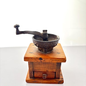 Miniature Cast Iron and Wood Hand Crank Coffee Grinder/Kitchen decor and collectible