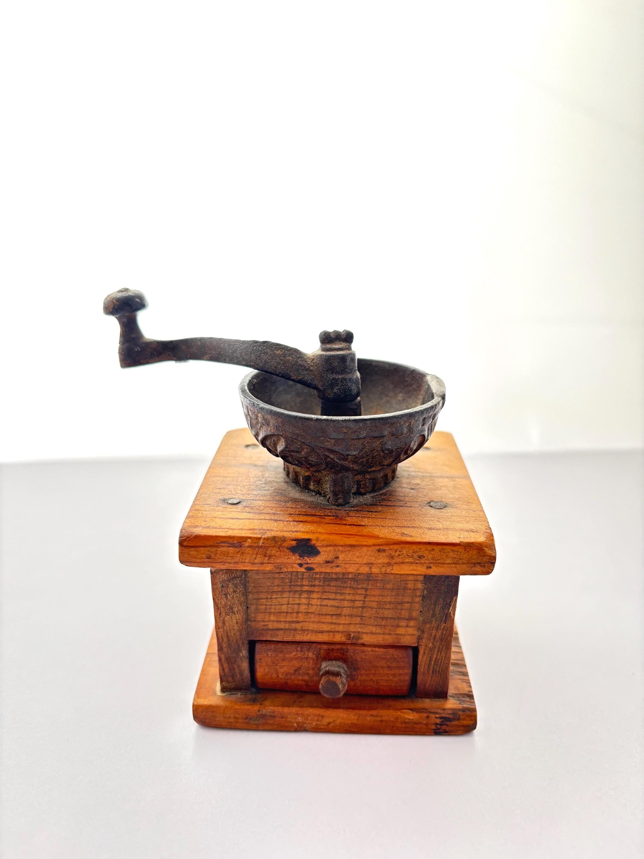 Miniature Cast Iron and Wood Hand Crank Coffee Grinder/Kitchen decor and collectible