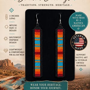 May include: Handmade beaded earrings featuring a rectangular design with horizontal stripes of red, orange, yellow, and blue Miyuki size 11 beads. The earrings are 3 inches long and attached to a black display card with text including Made with Pride.