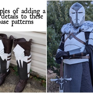May include: Examples of adding details to base patterns. Two brown leather boots with white accents and a white wolf design on the left boot. A person wearing a white and black armor suit with a fur collar and a black cape. The person is holding a sword with a black and white design.