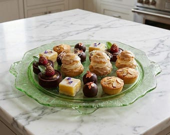 Uranium Green Depression Glass Cake Plate Tray Art Deco Halloween Cottage 10"W