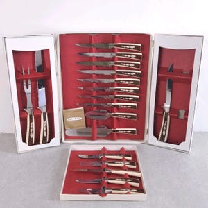 May include: A multi-piece cutlery set featuring stainless steel blades and off-white handles with a brown leaf pattern. The set includes various knives, a serving fork, and a cake server, all organized within a white case with red velvet lining.