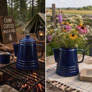 May include: A dark blue enamel coffee percolator with white speckles, featuring a wide base, a side handle, and a spout. The percolator is shown in two settings: once on a campfire grate and once as a vase filled with colorful wildflowers.