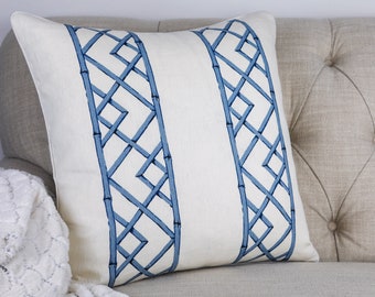 Kravet Blue Bamboo Trellis Linen Pillow Cushion COVER ONLY Tropical Chinoiserie Beach Handmade
