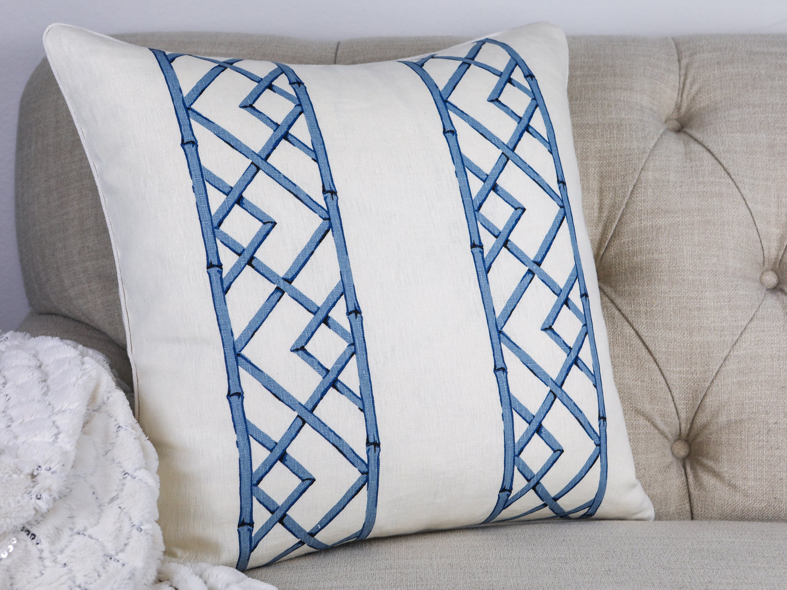 Blue and White Linen Decorative Pillow | Tropical Designer Pillow ...