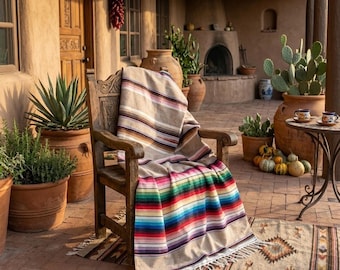 Mexican Saltillo Serape Blanket Cinco de Mayo Southwest Rainbow Stripes 88x62