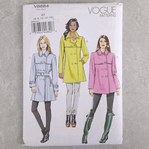 May include: Vogue Patterns V8884 sewing pattern envelope featuring illustrations of three double-breasted coats in light blue, yellow, and pink. The pattern includes sizes 6-8-10-12-14. The coats are shown with collars, buttons, and pockets.