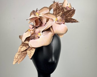 Pale Pink Orchid Fascinator with Gold Leaves "India"