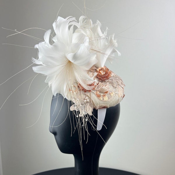 Rose Gold Lace Bridal Fascinator with White Feathers "Whitehall"