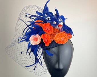 Navy Blue Fascinator with Orange Velvet Poppies and Netting &quot;Antonella&quot;