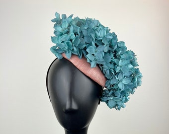 Peachy Pink Fascinator with Blue Hydrangeas &quot;Frances&quot;