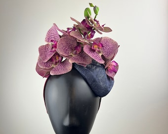 Navy Fascinator with Purple Orchids &quot;Hunter”
