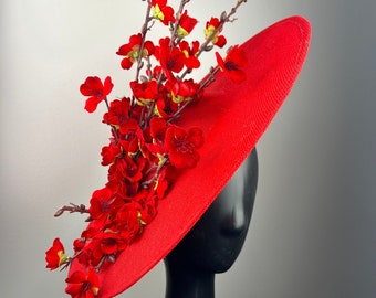 Large Red Fascinator with Red Dogwood Branches "Raquel"