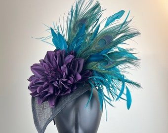 Black Fascinator with Plum Flower and Teal Feathers &quot;Paarvi&quot;