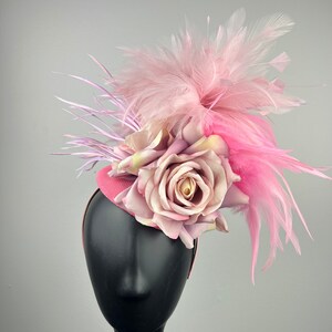 Candy Pink Fascinator with Pink and Lilac Roses and Pink and Lilac Feathers "Candy"