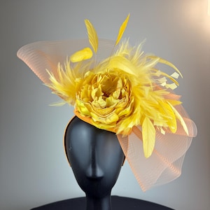 Orange Crinoline Fascinator with Yellow Peony and Feathers &quot;Kriste&quot;